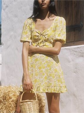 Mate The Label Women's Yellow Floral Mini Dress with Puff Sleeves